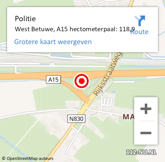Locatie op kaart van de 112 melding: Politie West Betuwe, A15 hectometerpaal: 118,9 op 1 mei 2024 12:16