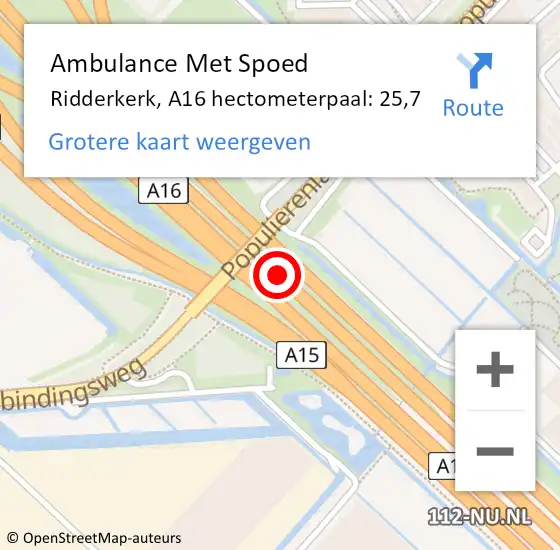 Locatie op kaart van de 112 melding: Ambulance Met Spoed Naar Ridderkerk, A16 hectometerpaal: 25,7 op 1 mei 2024 13:49