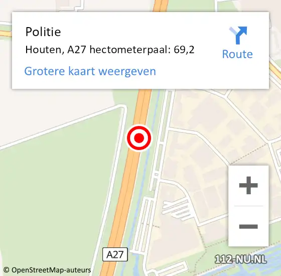 Locatie op kaart van de 112 melding: Politie Houten, A27 hectometerpaal: 69,2 op 1 mei 2024 14:32
