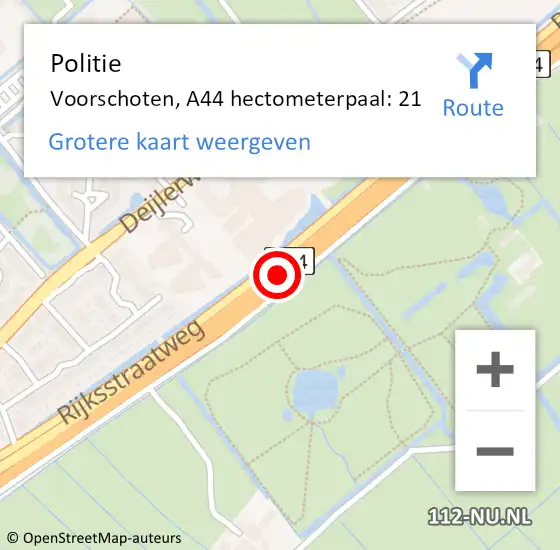 Locatie op kaart van de 112 melding: Politie Voorschoten, A44 hectometerpaal: 21 op 1 mei 2024 14:33