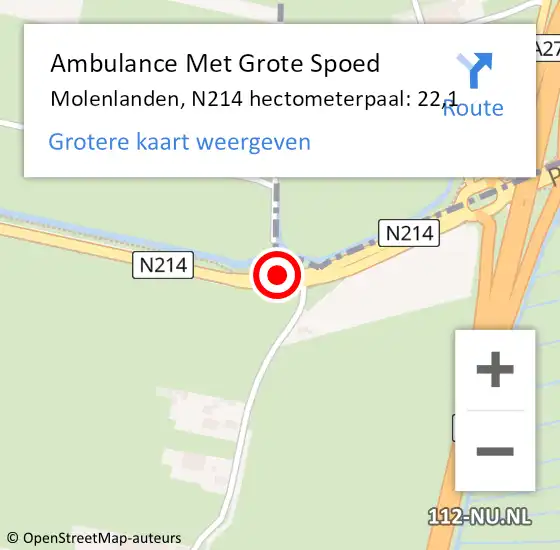 Locatie op kaart van de 112 melding: Ambulance Met Grote Spoed Naar Molenlanden, N214 hectometerpaal: 22,1 op 1 mei 2024 15:43