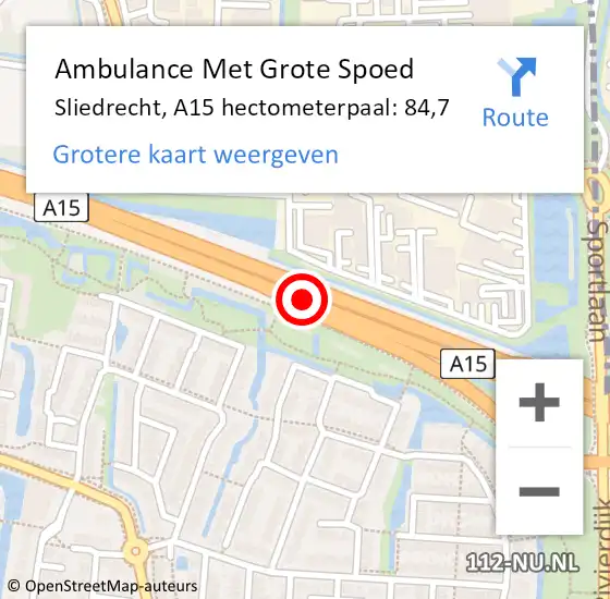 Locatie op kaart van de 112 melding: Ambulance Met Grote Spoed Naar Sliedrecht, A15 hectometerpaal: 84,7 op 1 mei 2024 15:49