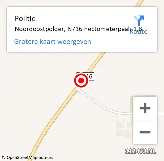 Locatie op kaart van de 112 melding: Politie Noordoostpolder, N716 hectometerpaal: 1,8 op 1 mei 2024 16:40