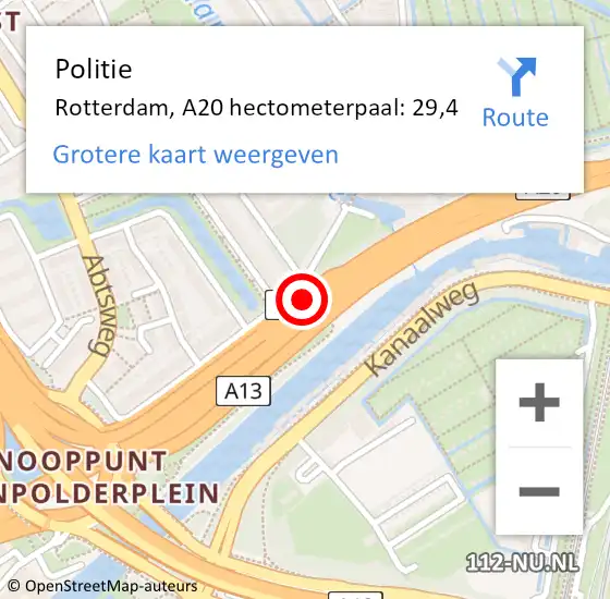 Locatie op kaart van de 112 melding: Politie Rotterdam, A20 hectometerpaal: 29,4 op 1 mei 2024 16:58