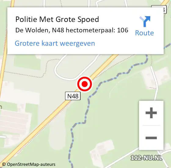 Locatie op kaart van de 112 melding: Politie Met Grote Spoed Naar De Wolden, N48 hectometerpaal: 106 op 1 mei 2024 17:07