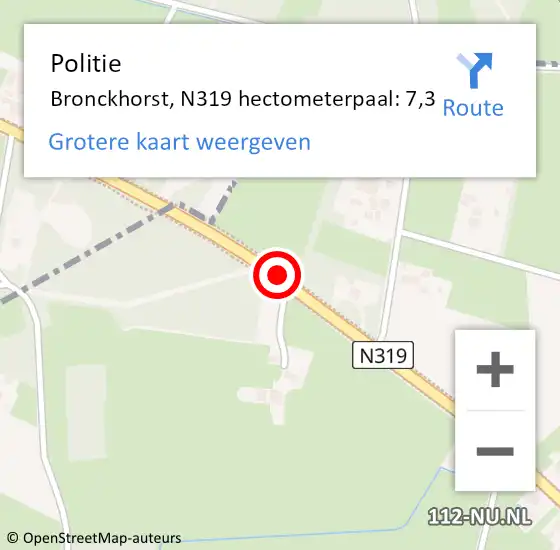 Locatie op kaart van de 112 melding: Politie Bronckhorst, N319 hectometerpaal: 7,3 op 1 mei 2024 17:08