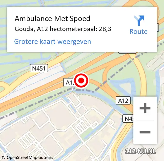 Locatie op kaart van de 112 melding: Ambulance Met Spoed Naar Gouda, A12 hectometerpaal: 28,3 op 1 mei 2024 17:13