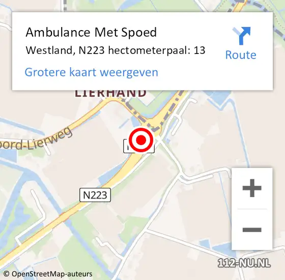 Locatie op kaart van de 112 melding: Ambulance Met Spoed Naar Westland, N223 hectometerpaal: 13 op 1 mei 2024 17:40