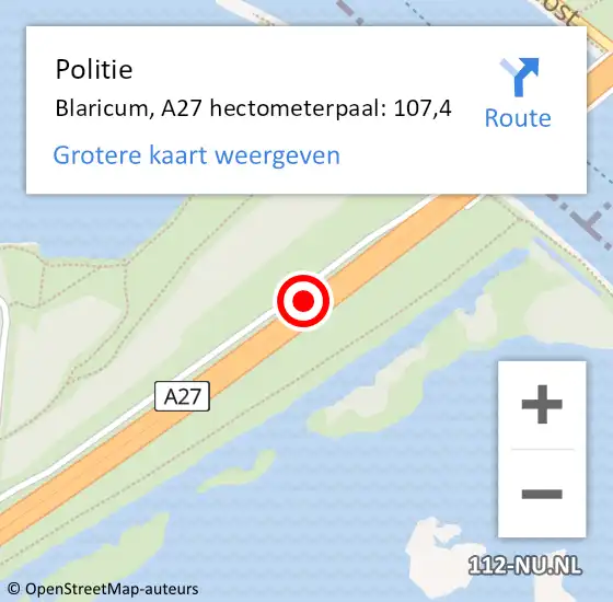 Locatie op kaart van de 112 melding: Politie Blaricum, A27 hectometerpaal: 107,4 op 1 mei 2024 17:48