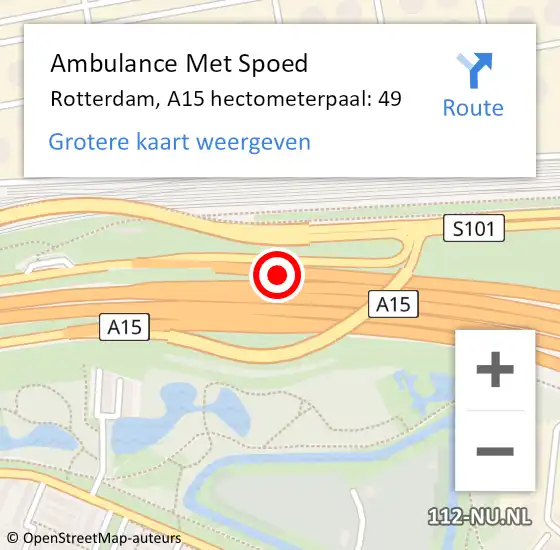 Locatie op kaart van de 112 melding: Ambulance Met Spoed Naar Rotterdam, A15 hectometerpaal: 49 op 1 mei 2024 18:06