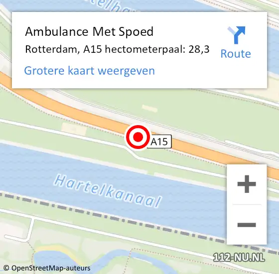 Locatie op kaart van de 112 melding: Ambulance Met Spoed Naar Rotterdam, A15 hectometerpaal: 28,3 op 1 mei 2024 18:18