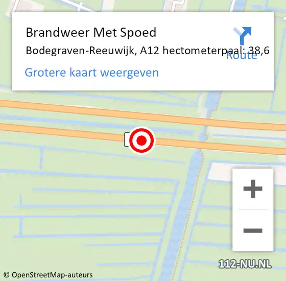 Locatie op kaart van de 112 melding: Brandweer Met Spoed Naar Bodegraven-Reeuwijk, A12 hectometerpaal: 38,6 op 1 mei 2024 19:21