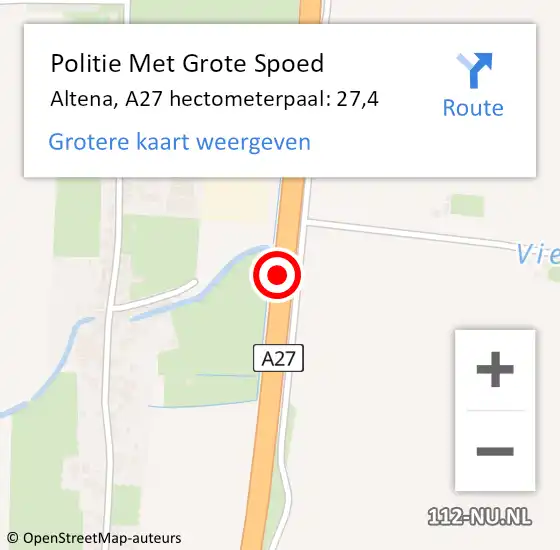 Locatie op kaart van de 112 melding: Politie Met Grote Spoed Naar Altena, A27 hectometerpaal: 27,4 op 2 mei 2024 05:21