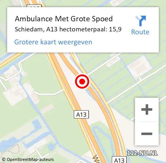 Locatie op kaart van de 112 melding: Ambulance Met Grote Spoed Naar Schiedam, A13 hectometerpaal: 15,9 op 2 mei 2024 05:21