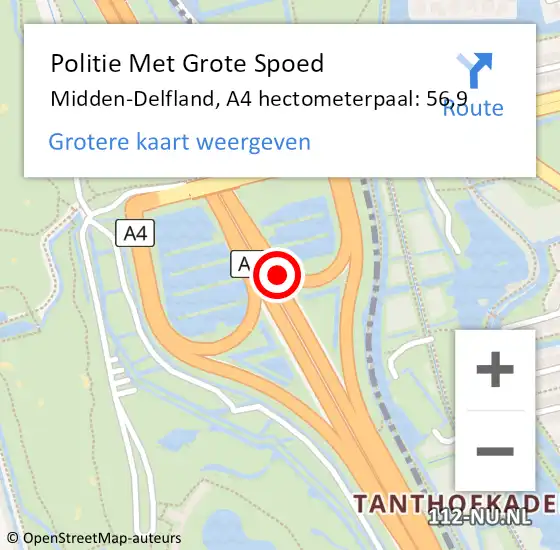 Locatie op kaart van de 112 melding: Politie Met Grote Spoed Naar Midden-Delfland, A4 hectometerpaal: 56,9 op 2 mei 2024 14:29