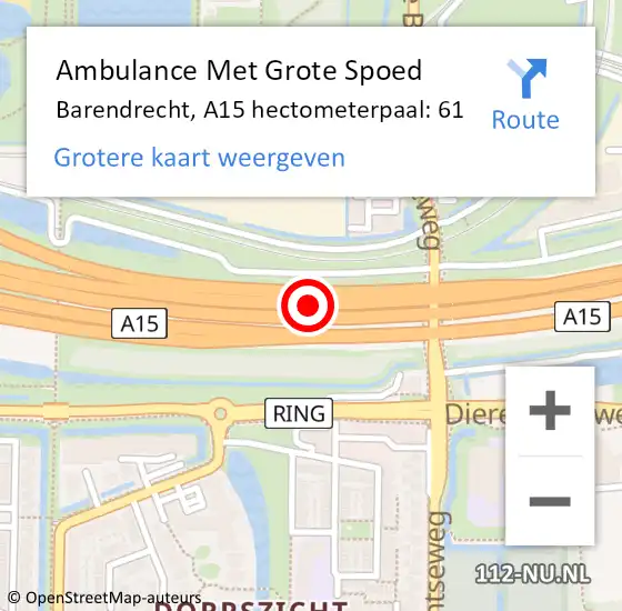 Locatie op kaart van de 112 melding: Ambulance Met Grote Spoed Naar Barendrecht, A15 hectometerpaal: 61 op 2 mei 2024 14:40