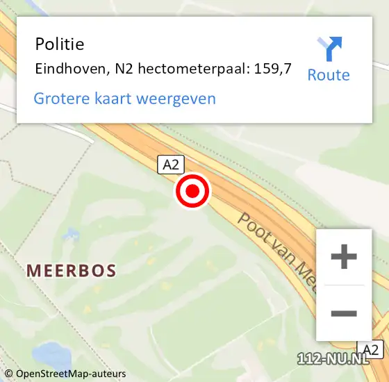 Locatie op kaart van de 112 melding: Politie Eindhoven, N2 hectometerpaal: 159,7 op 2 mei 2024 18:15