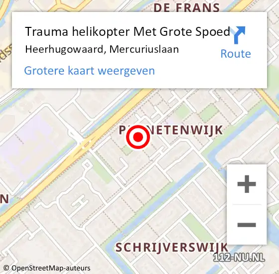 Locatie op kaart van de 112 melding: Trauma helikopter Met Grote Spoed Naar Heerhugowaard, Mercuriuslaan op 3 mei 2024 00:19