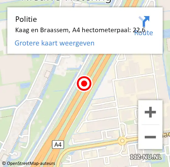 Locatie op kaart van de 112 melding: Politie Kaag en Braassem, A4 hectometerpaal: 22,6 op 3 mei 2024 06:27
