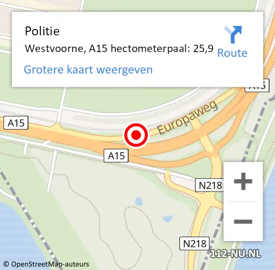 Locatie op kaart van de 112 melding: Politie Westvoorne, A15 hectometerpaal: 25,9 op 3 mei 2024 10:42