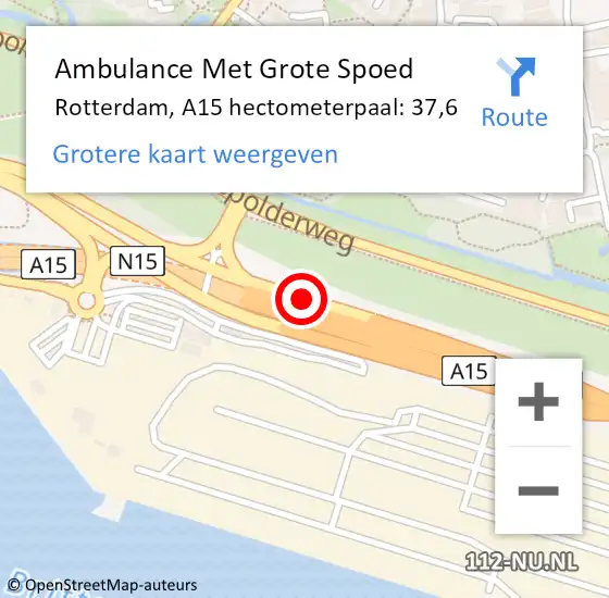 Locatie op kaart van de 112 melding: Ambulance Met Grote Spoed Naar Rotterdam, A15 hectometerpaal: 37,6 op 3 mei 2024 13:40