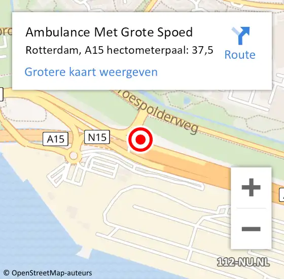 Locatie op kaart van de 112 melding: Ambulance Met Grote Spoed Naar Rotterdam, A15 hectometerpaal: 37,5 op 3 mei 2024 13:47
