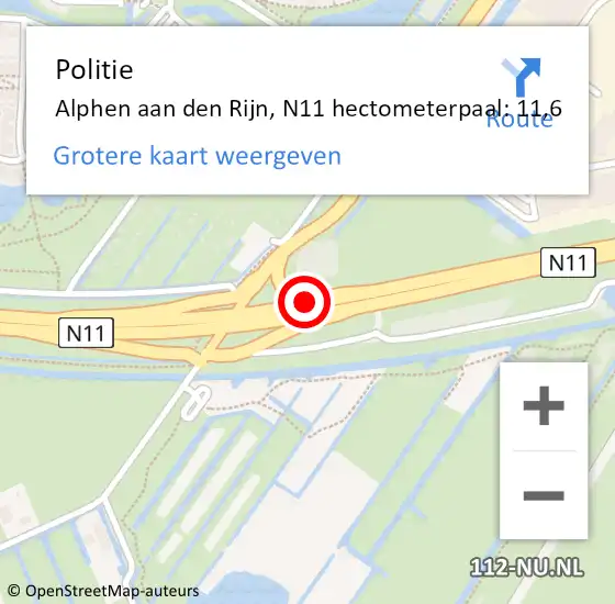 Locatie op kaart van de 112 melding: Politie Alphen aan den Rijn, N11 hectometerpaal: 11,6 op 3 mei 2024 15:04