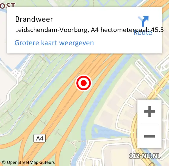Locatie op kaart van de 112 melding: Brandweer Leidschendam-Voorburg, A4 hectometerpaal: 45,5 op 3 mei 2024 15:05
