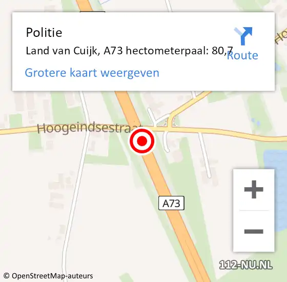 Locatie op kaart van de 112 melding: Politie Land van Cuijk, A73 hectometerpaal: 80,7 op 3 mei 2024 15:42
