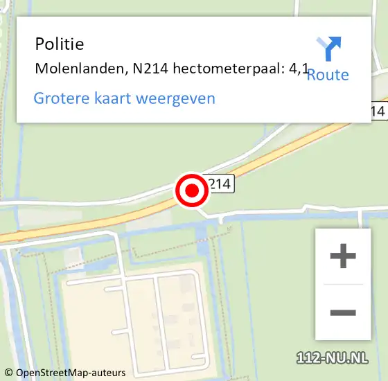 Locatie op kaart van de 112 melding: Politie Molenlanden, N214 hectometerpaal: 4,1 op 3 mei 2024 16:01