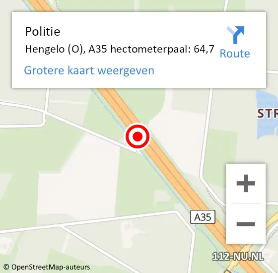 Locatie op kaart van de 112 melding: Politie Hengelo (O), A35 hectometerpaal: 64,7 op 3 mei 2024 16:19