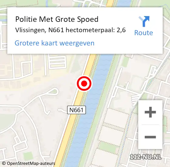 Locatie op kaart van de 112 melding: Politie Met Grote Spoed Naar Vlissingen, N661 hectometerpaal: 2,6 op 4 mei 2024 13:59