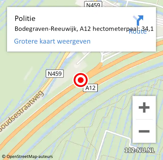 Locatie op kaart van de 112 melding: Politie Bodegraven-Reeuwijk, A12 hectometerpaal: 34,1 op 4 mei 2024 18:06