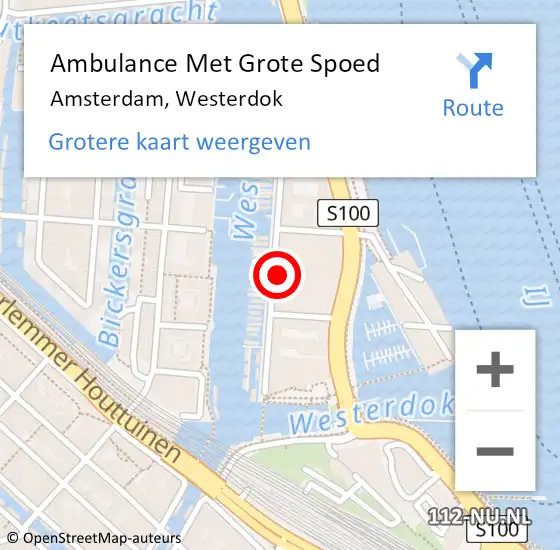 Locatie op kaart van de 112 melding: Ambulance Met Grote Spoed Naar Amsterdam, Westerdok op 5 mei 2024 01:15