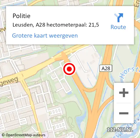 Locatie op kaart van de 112 melding: Politie Leusden, A28 hectometerpaal: 21,5 op 5 mei 2024 16:53