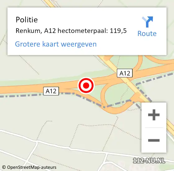 Locatie op kaart van de 112 melding: Politie Renkum, A12 hectometerpaal: 119,5 op 5 mei 2024 17:54