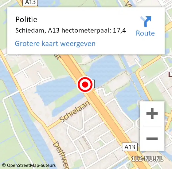 Locatie op kaart van de 112 melding: Politie Schiedam, A13 hectometerpaal: 17,4 op 6 mei 2024 12:36