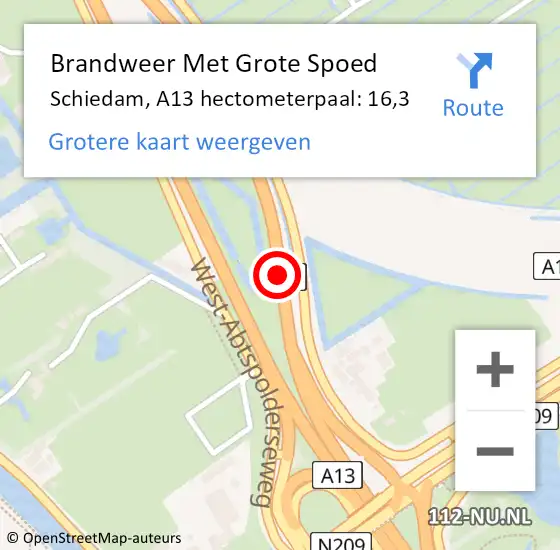 Locatie op kaart van de 112 melding: Brandweer Met Grote Spoed Naar Schiedam, A13 hectometerpaal: 16,3 op 6 mei 2024 12:37