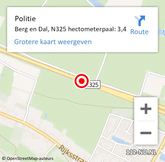 Locatie op kaart van de 112 melding: Politie Berg en Dal, N325 hectometerpaal: 3,4 op 6 mei 2024 17:42
