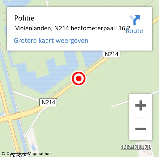 Locatie op kaart van de 112 melding: Politie Molenlanden, N214 hectometerpaal: 16,2 op 6 mei 2024 21:40