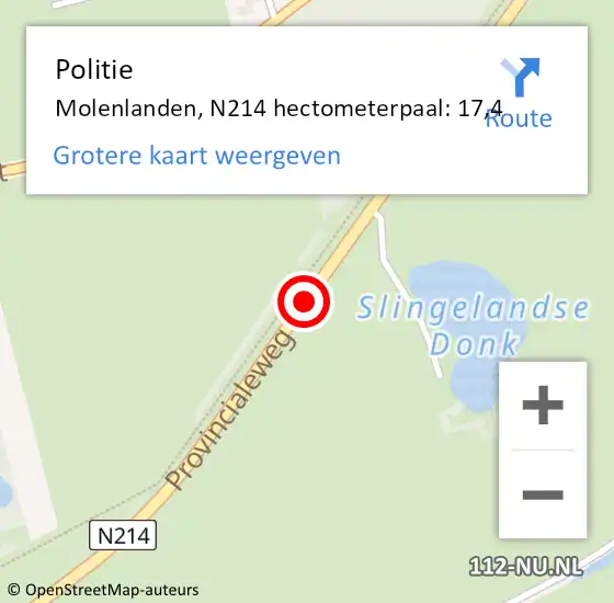 Locatie op kaart van de 112 melding: Politie Molenlanden, N214 hectometerpaal: 17,4 op 6 mei 2024 21:48