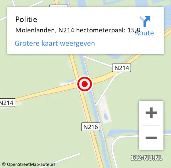 Locatie op kaart van de 112 melding: Politie Molenlanden, N214 hectometerpaal: 15,8 op 6 mei 2024 21:49