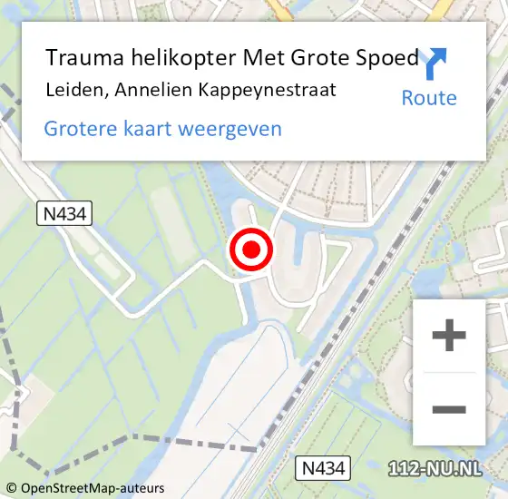 Locatie op kaart van de 112 melding: Trauma helikopter Met Grote Spoed Naar Leiden, Annelien Kappeynestraat op 7 mei 2024 00:28