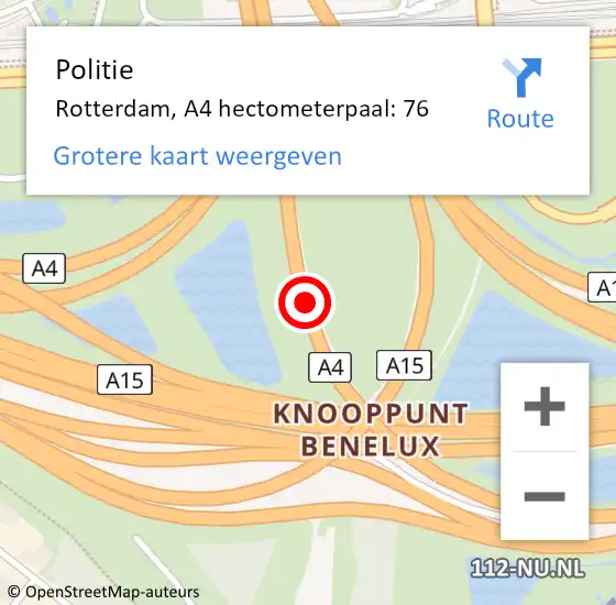 Locatie op kaart van de 112 melding: Politie Rotterdam, A4 hectometerpaal: 76 op 7 mei 2024 09:08