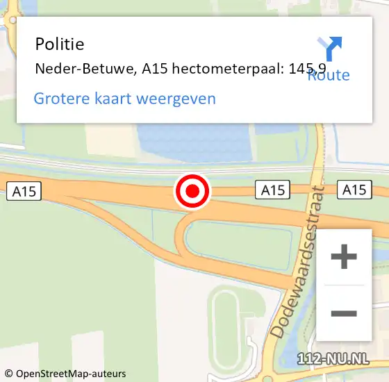 Locatie op kaart van de 112 melding: Politie Neder-Betuwe, A15 hectometerpaal: 145,9 op 7 mei 2024 10:42