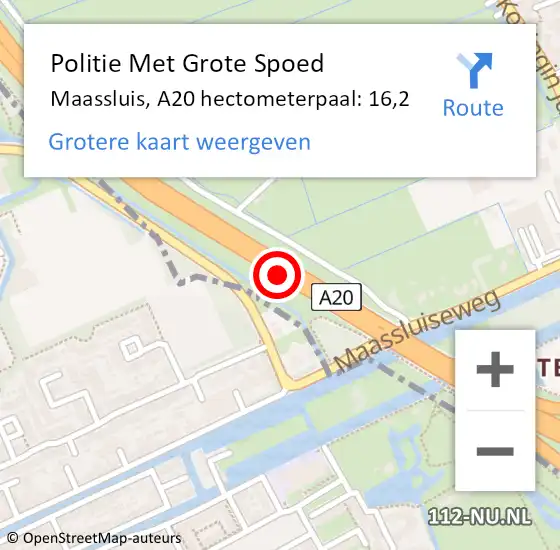Locatie op kaart van de 112 melding: Politie Met Grote Spoed Naar Maassluis, A20 hectometerpaal: 16,2 op 7 mei 2024 21:51