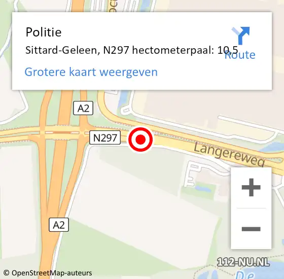 Locatie op kaart van de 112 melding: Politie Sittard-Geleen, N297 hectometerpaal: 10,5 op 8 mei 2024 07:51