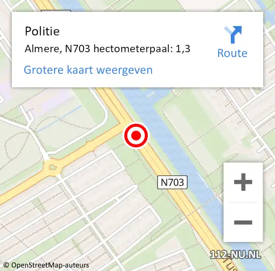 Locatie op kaart van de 112 melding: Politie Almere, N703 hectometerpaal: 1,3 op 8 mei 2024 08:01