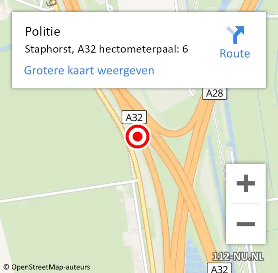Locatie op kaart van de 112 melding: Politie Staphorst, A32 hectometerpaal: 6 op 8 mei 2024 08:52
