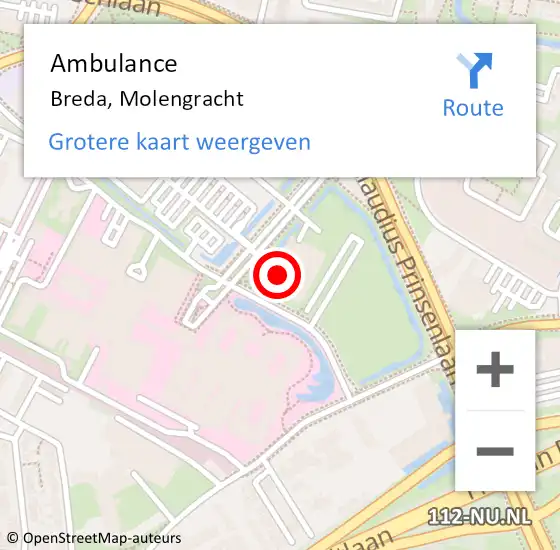 Locatie op kaart van de 112 melding: Ambulance Breda, Molengracht op 8 mei 2024 10:51